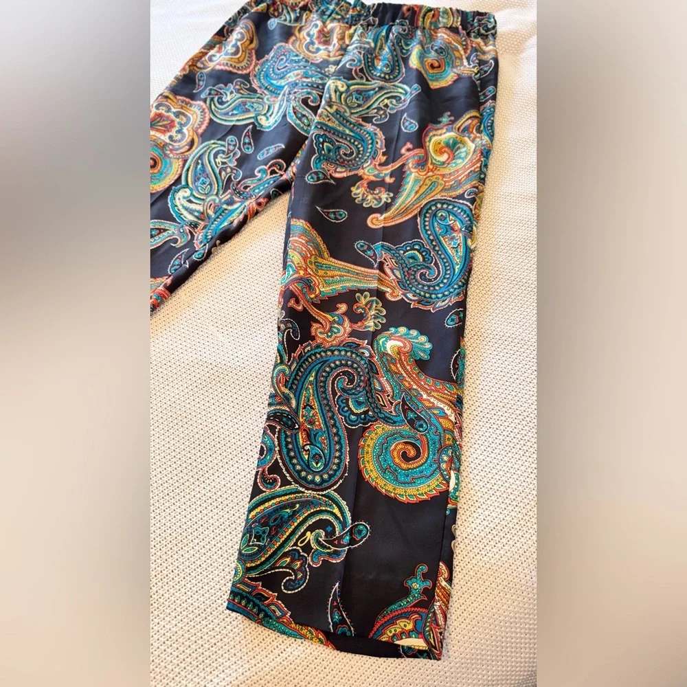 J. CREW 100% Silk Pull-On Pants Black Gold Blue Red Paisley w Pockets